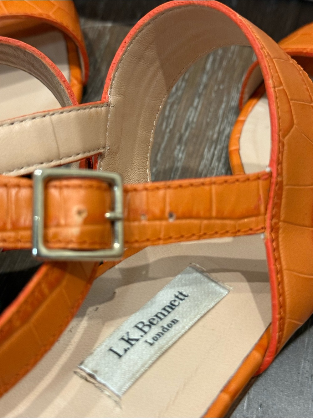 LK Bennett Orange Croc-Embossed Block Heel Sandals - Picture 7 of 11